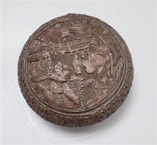 A carved Chinese box and cover diameter 16cm